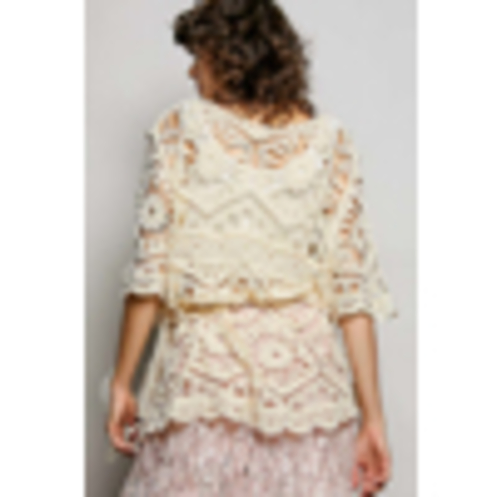 SMC270 CREAM Pol Round Neck Half Sleeve Crochet Top One Size - Picture 5 of 5